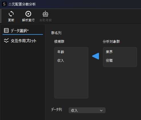 二元配置分散分析のデータ選択