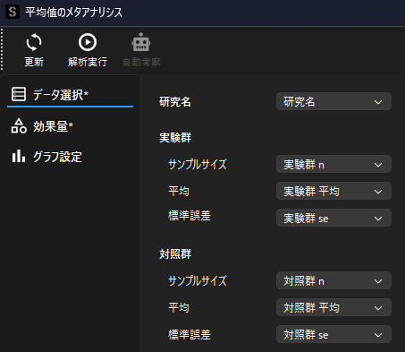 平均値のメタアナリシスのデータ設定