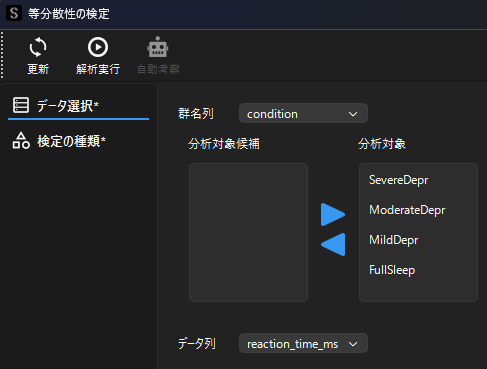 等分散性の検定の設定